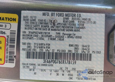2014 Ford Fusion S from USA, damaged, VIN 3FA6P0G76ER178159